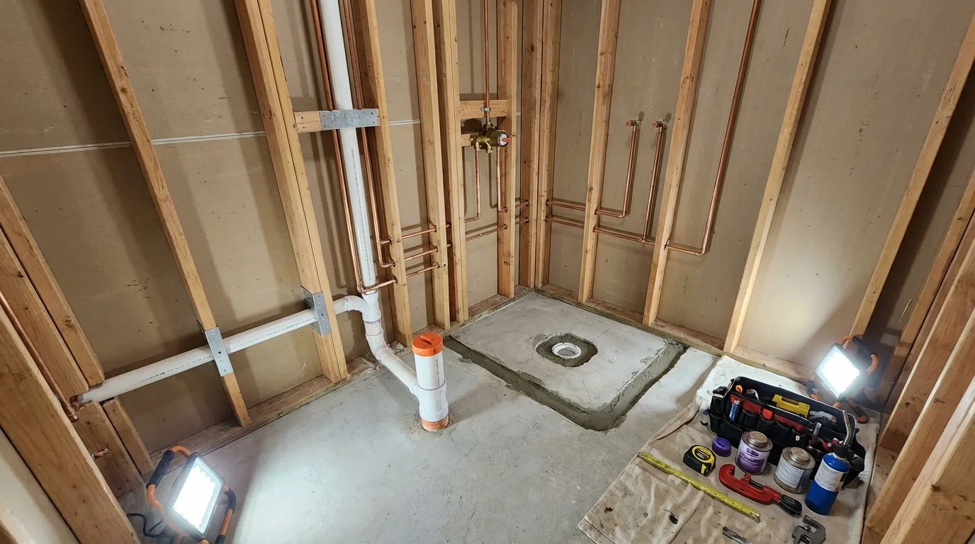 Bathroom rough-in plumbing during remodel by Johns Plumbing LLC in Philo