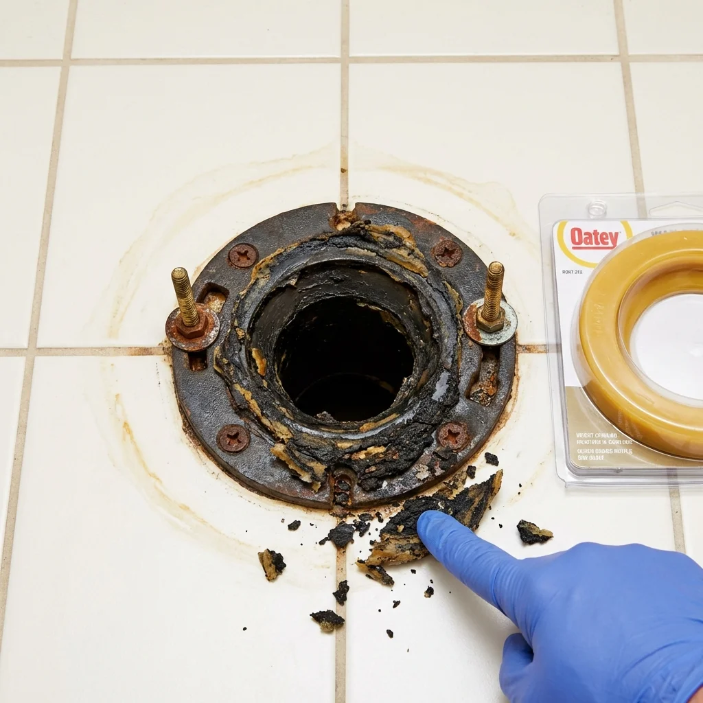 Failed wax ring showing water seepage at the base of a toilet in a Philo, IL home